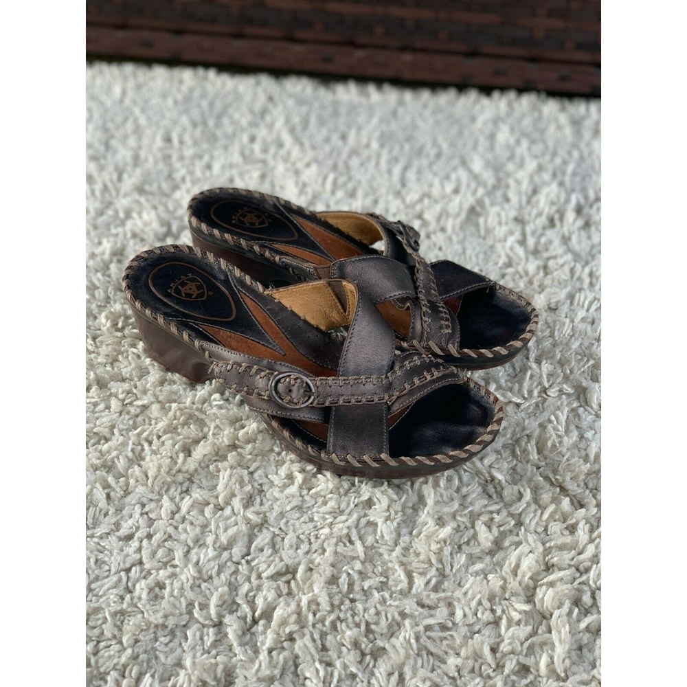 ARIAT Brown Metallic Leather Slip On Heel Sandal Buckle 54103 Womens Size 6